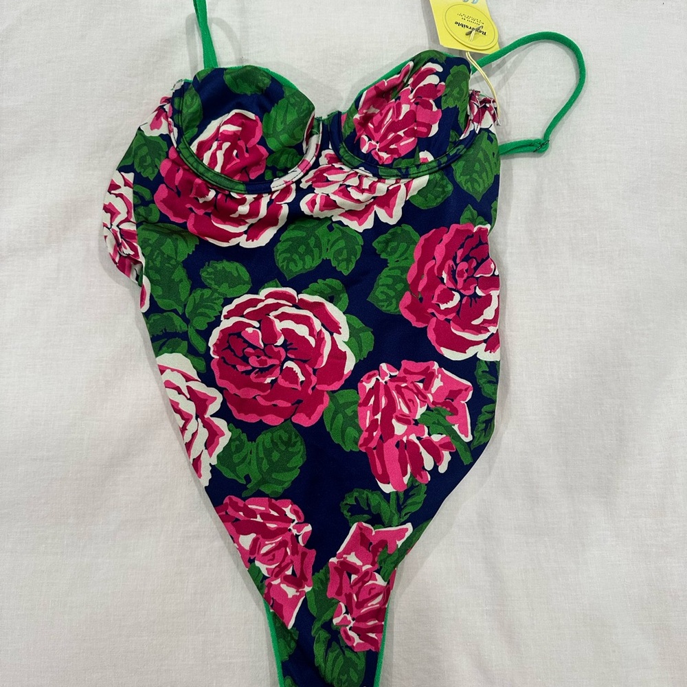Maaji One-Piece Swimsuit Navy with Pink Print and Green reversible